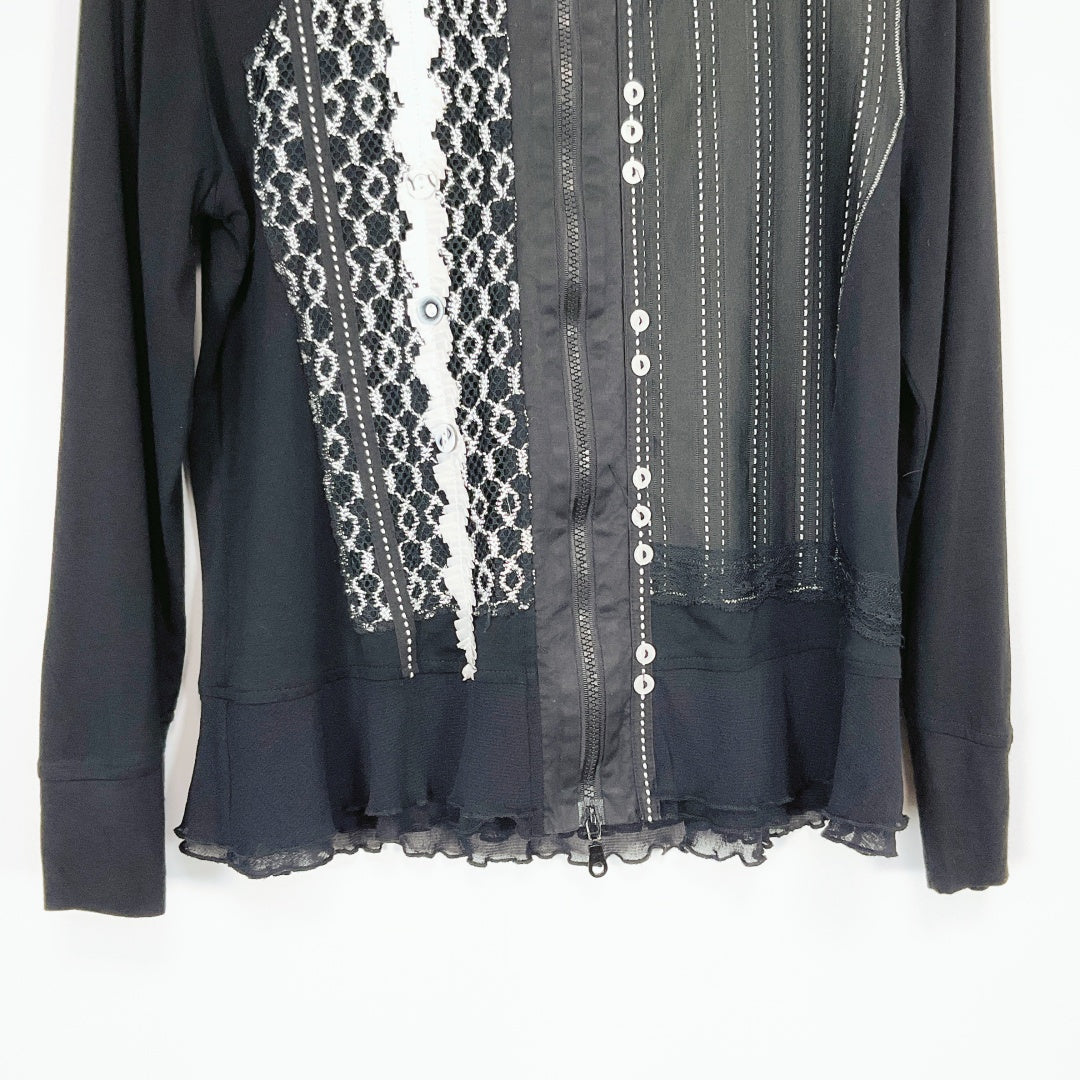 Clarity – Black Long Sleeve Lace & Stitch Detail Zip Front Top