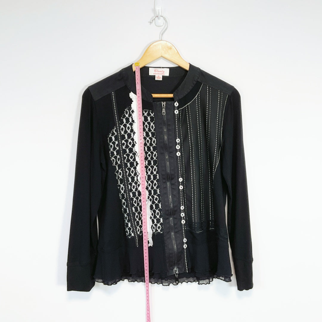 Clarity – Black Long Sleeve Lace & Stitch Detail Zip Front Top