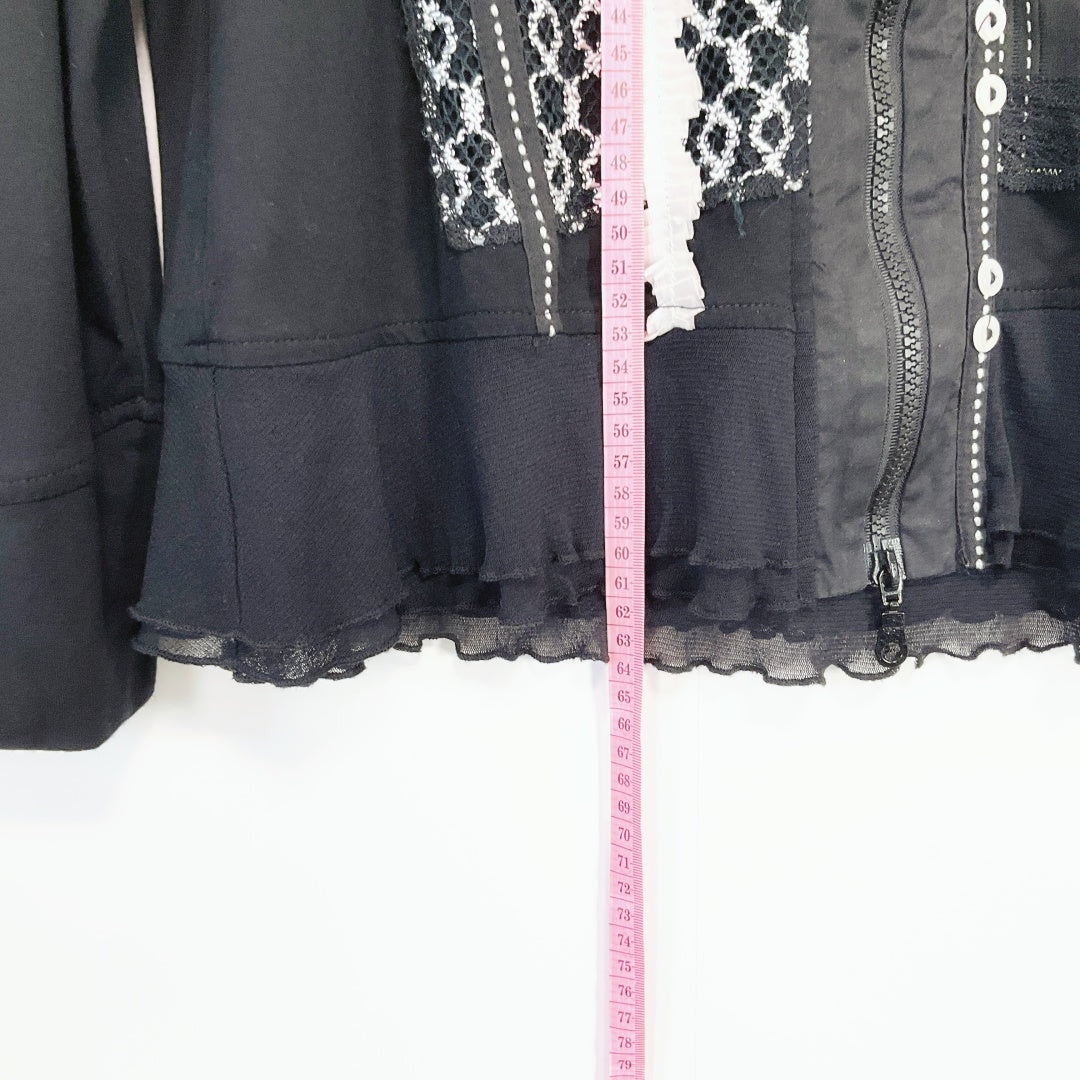 Clarity – Black Long Sleeve Lace & Stitch Detail Zip Front Top