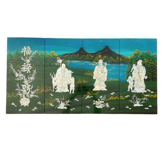 Elegant Shell-Inlaid Fu Lu Shou Wall Panel Set – Four-Piece Home Décor