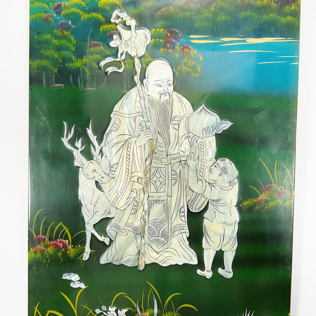 Elegant Shell-Inlaid Fu Lu Shou Wall Panel Set – Four-Piece Home Décor