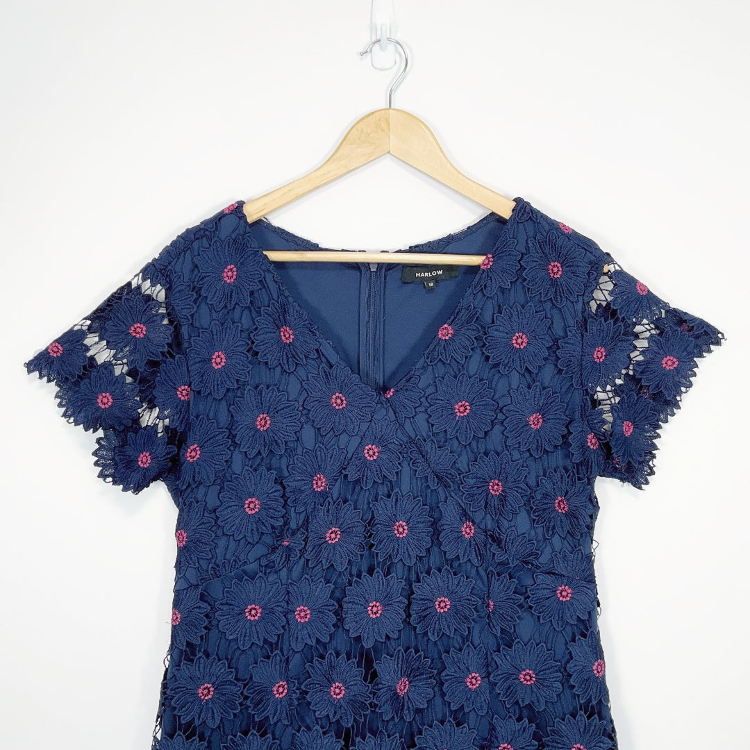 HARLOW - Navy Floral Lace Polyester V-Neck Dress