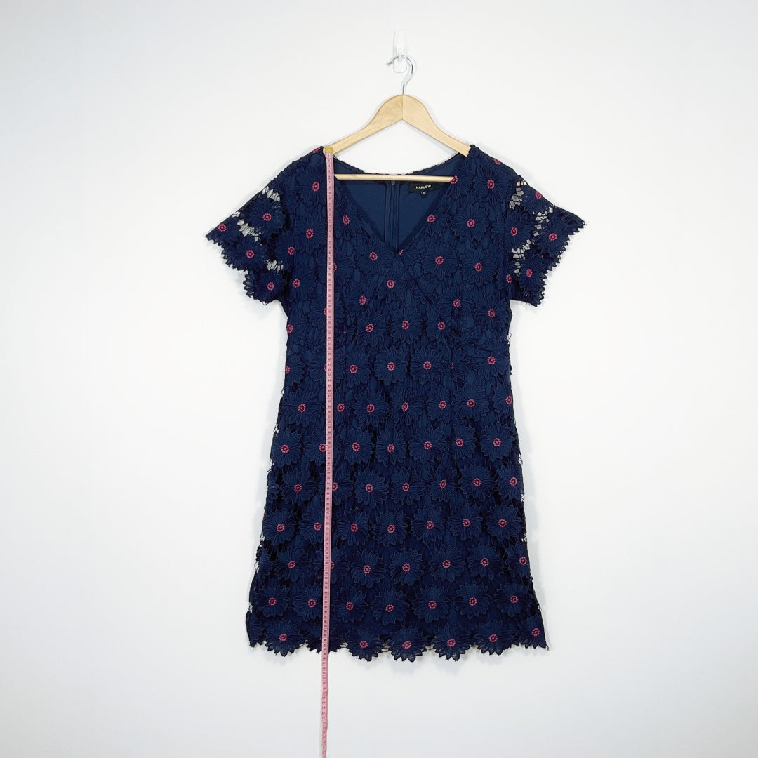 HARLOW - Navy Floral Lace Polyester V-Neck Dress
