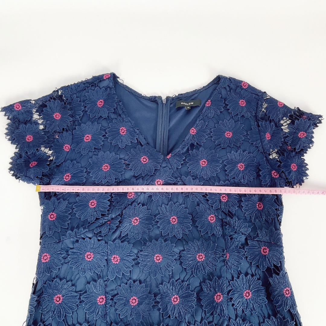 HARLOW - Navy Floral Lace Polyester V-Neck Dress