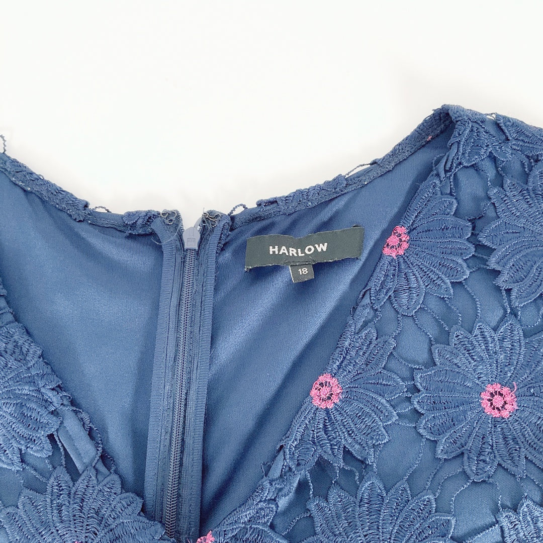 HARLOW - Navy Floral Lace Polyester V-Neck Dress