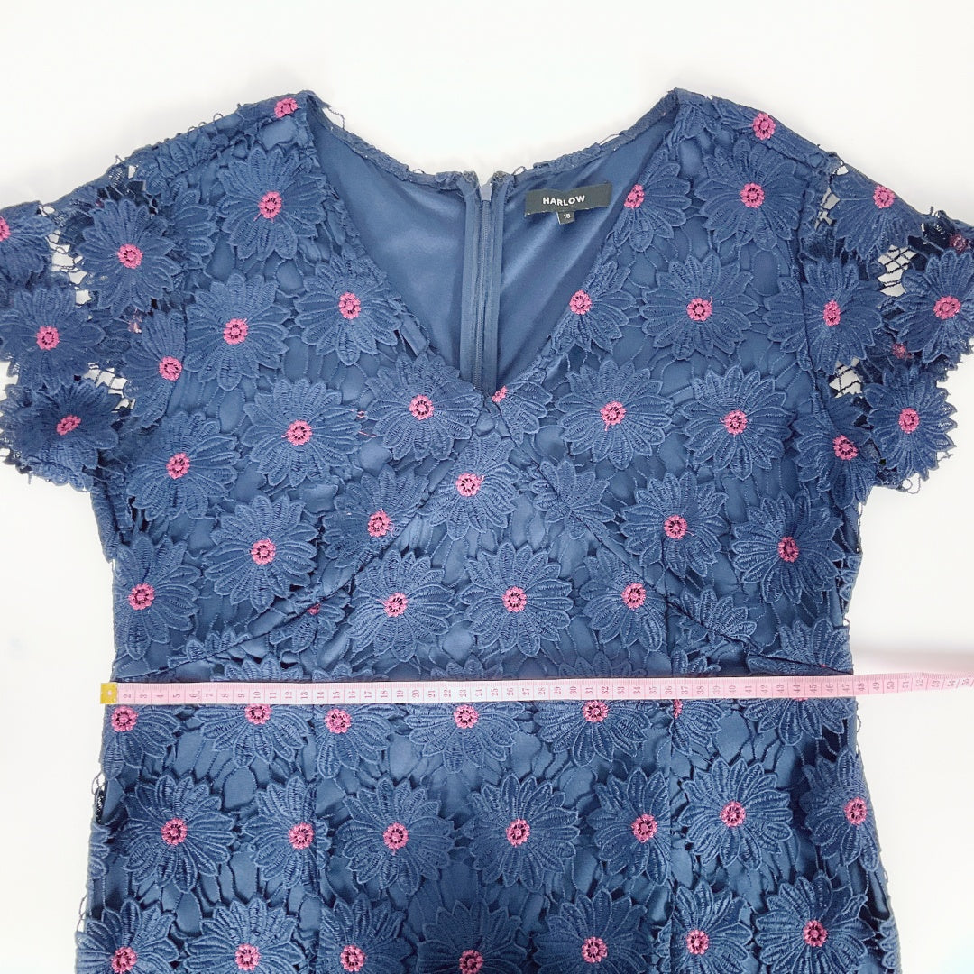HARLOW - Navy Floral Lace Polyester V-Neck Dress