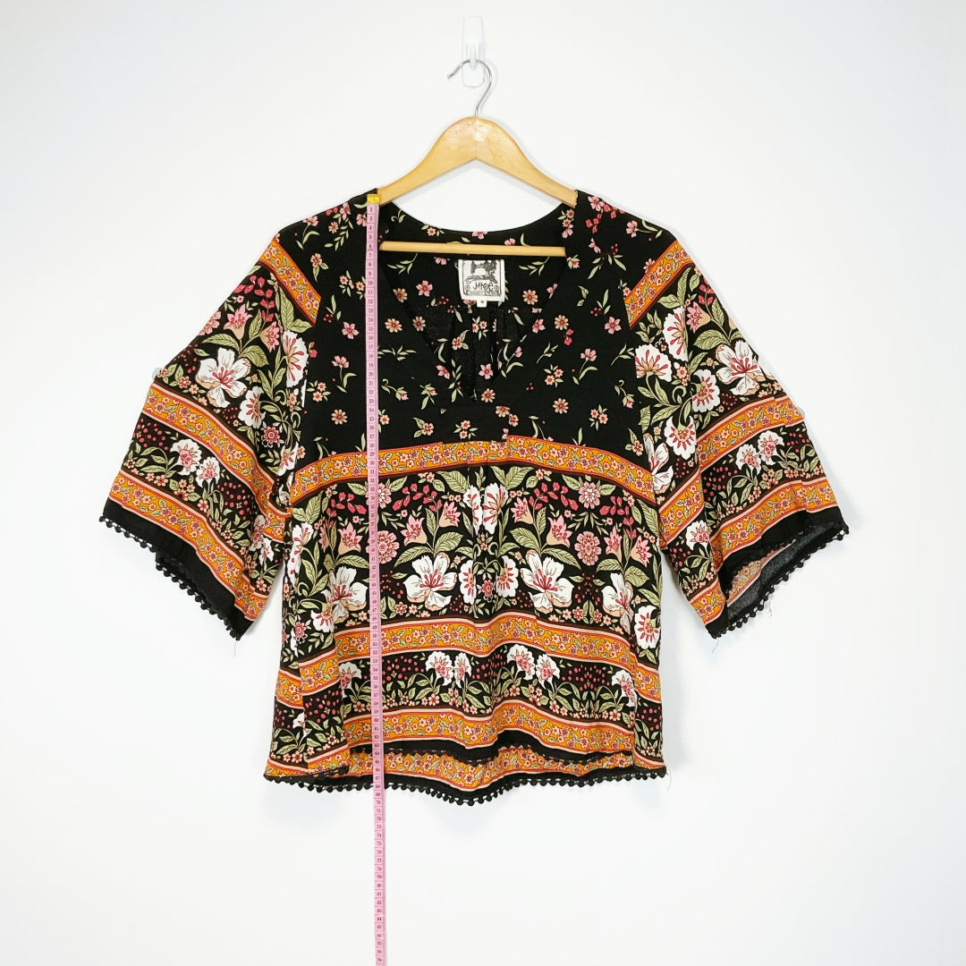 JAASE- Gabriella Top: Deep V Neck Crochet Trim Top in Eternity Print