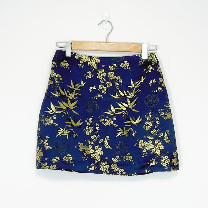 Glassons - Gold Floral Pattern Navy Mini Skirt