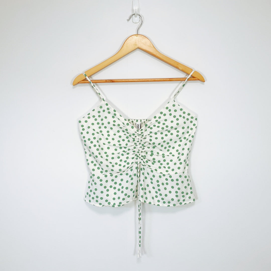 Zara - White Top with Green Dots & Front Tie