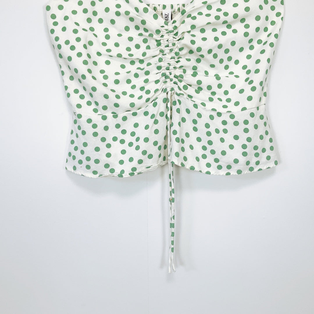 Zara - White Top with Green Dots & Front Tie