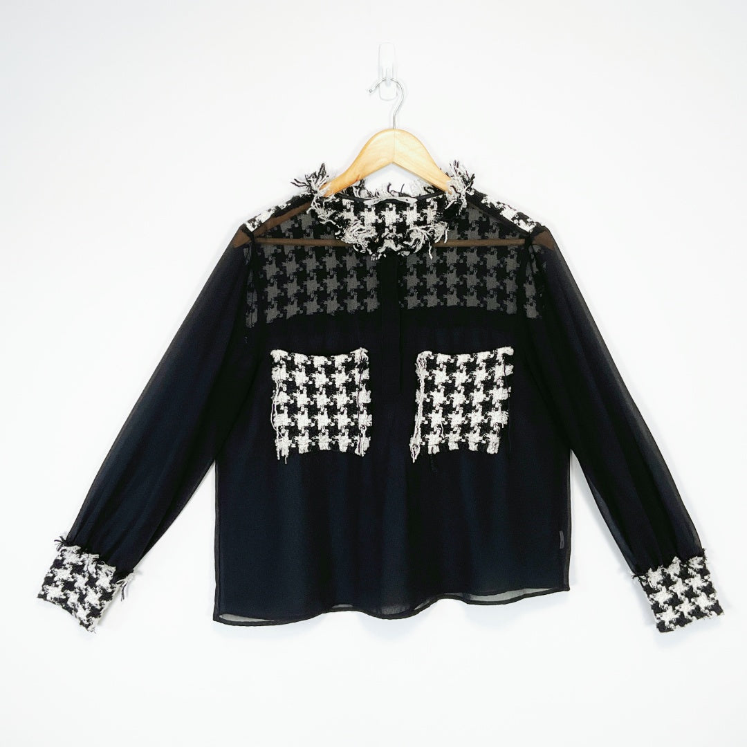 ZARA Black Sheer Blouse with Houndstooth Trim – Size L