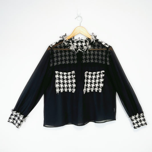 ZARA Black Sheer Blouse with Houndstooth Trim – Size L