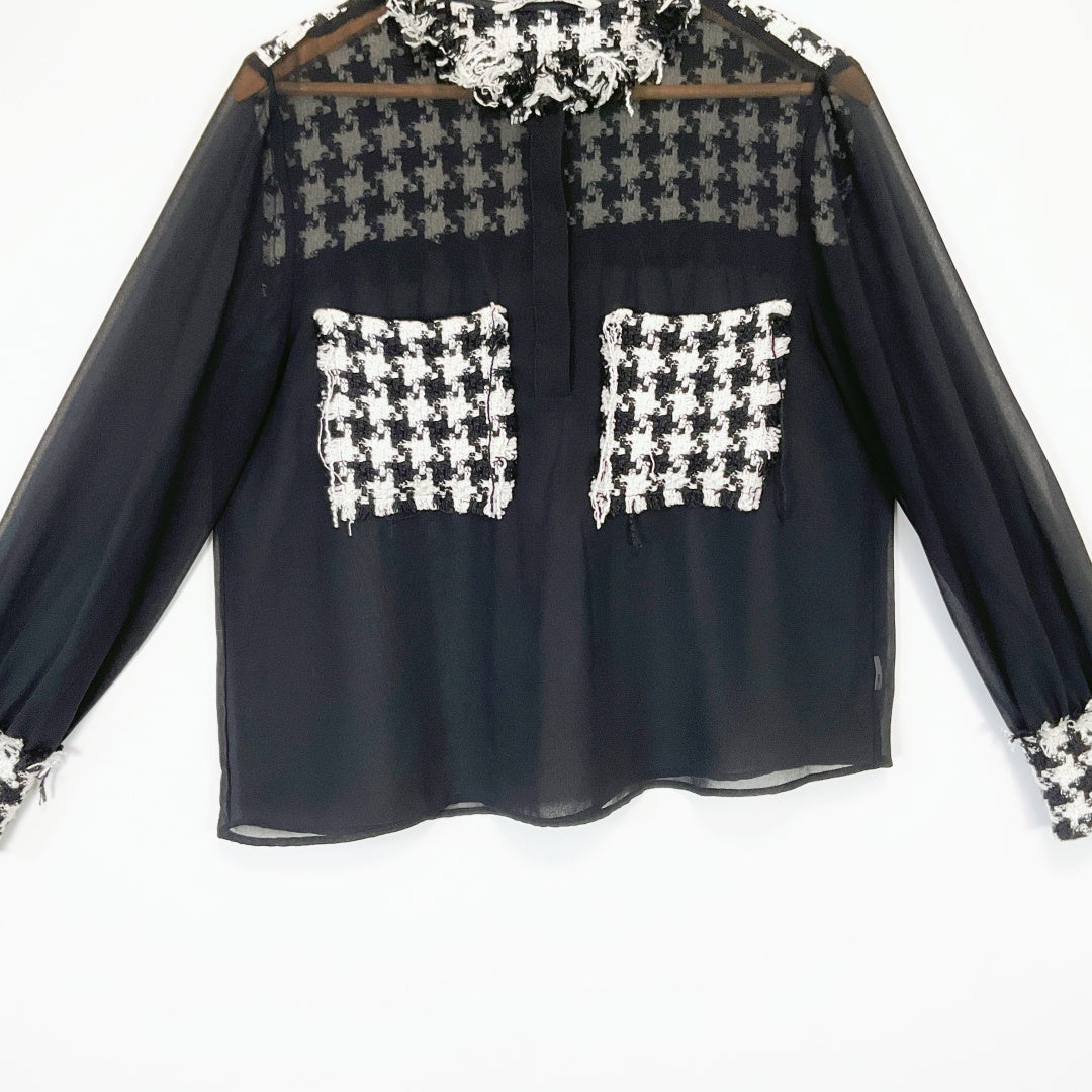 ZARA Black Sheer Blouse with Houndstooth Trim – Size L