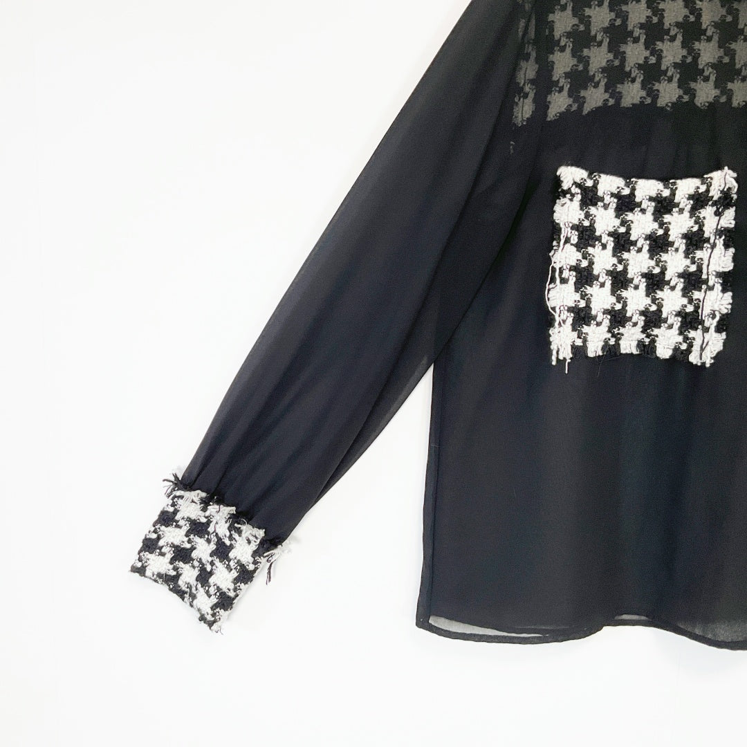ZARA Black Sheer Blouse with Houndstooth Trim – Size L