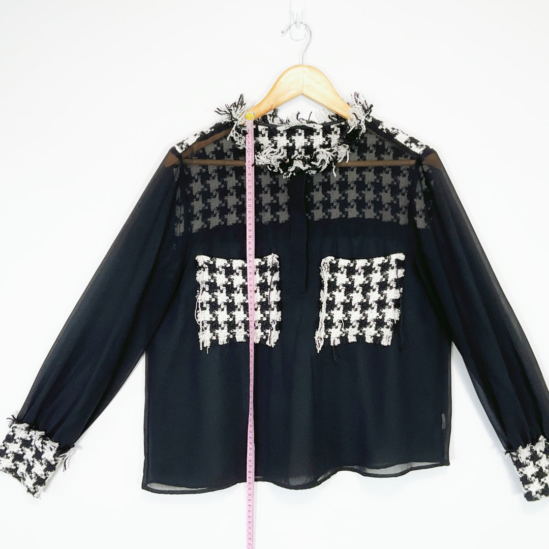 ZARA Black Sheer Blouse with Houndstooth Trim – Size L