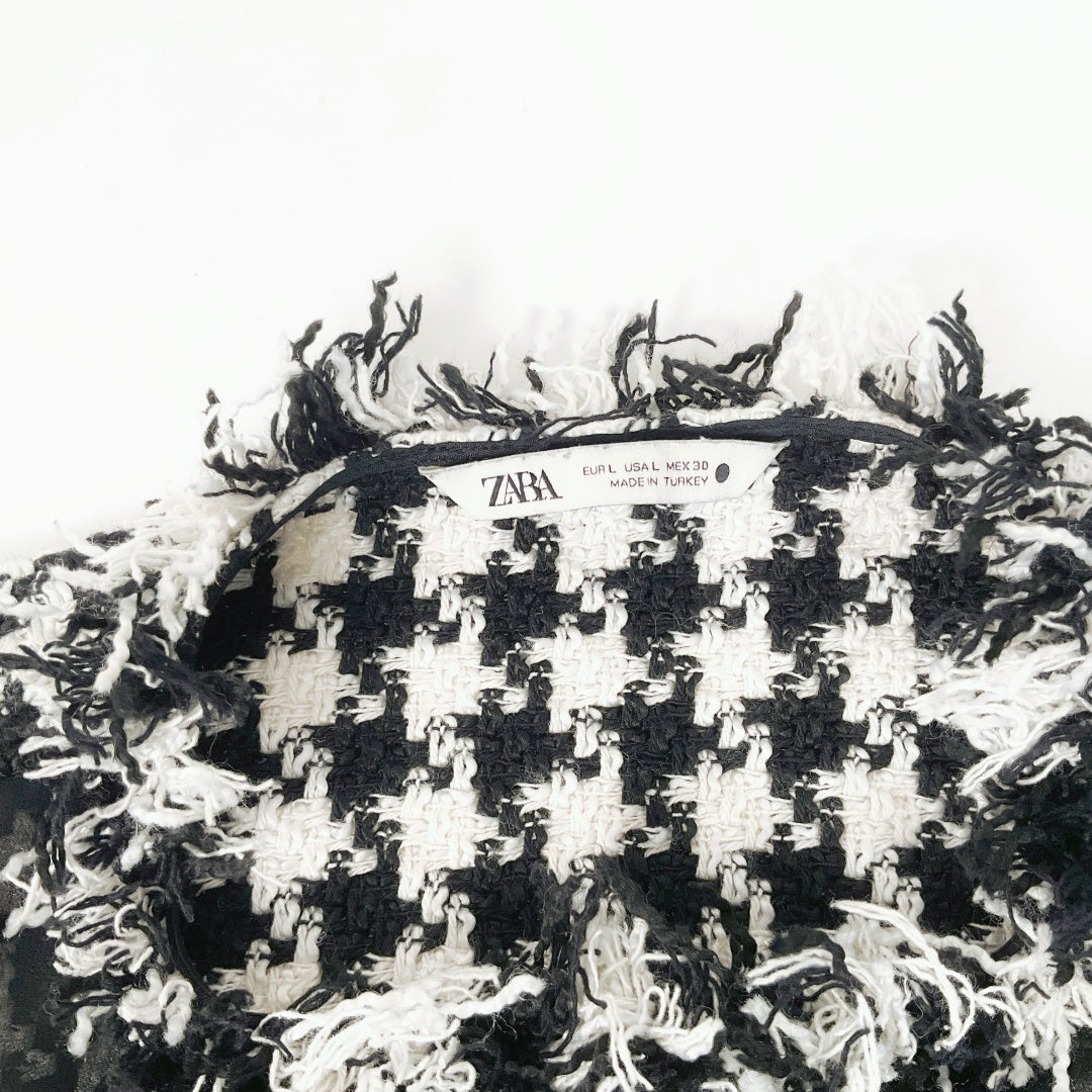 ZARA Black Sheer Blouse with Houndstooth Trim – Size L