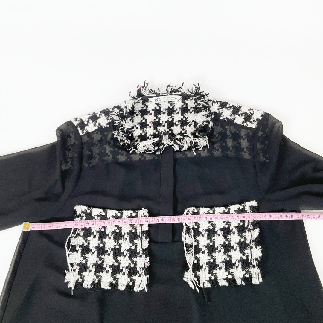 ZARA Black Sheer Blouse with Houndstooth Trim – Size L