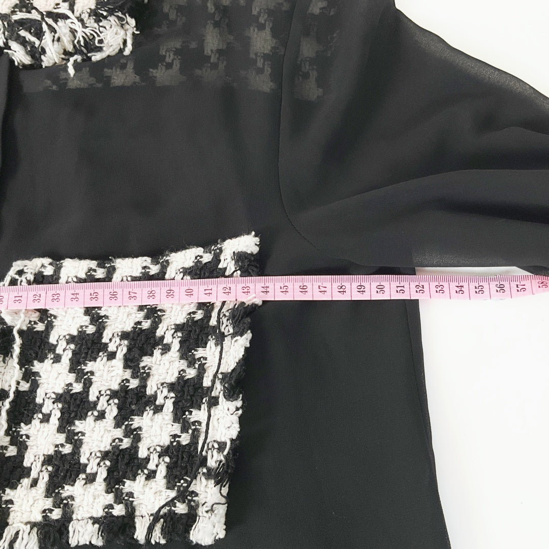 ZARA Black Sheer Blouse with Houndstooth Trim – Size L