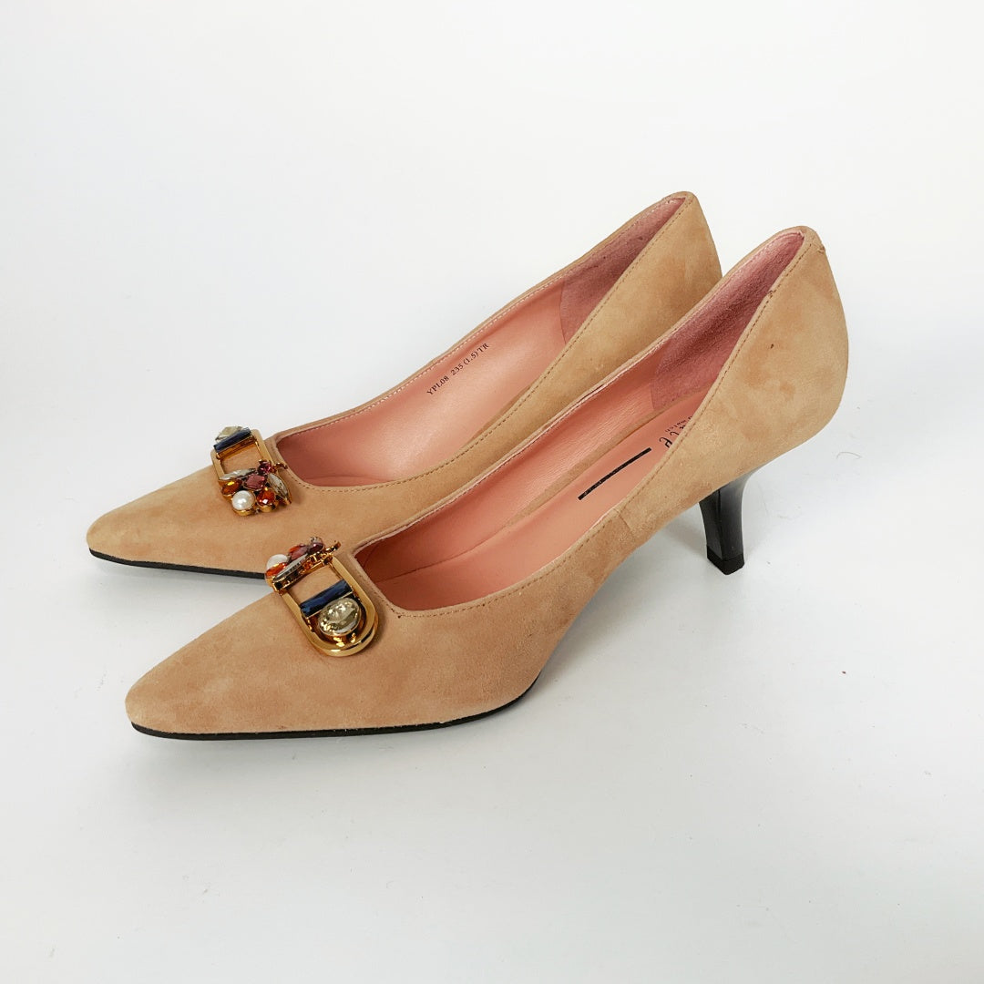 Joy & Peace - Suede Pointed Toe Pump with Encrusted Hardware