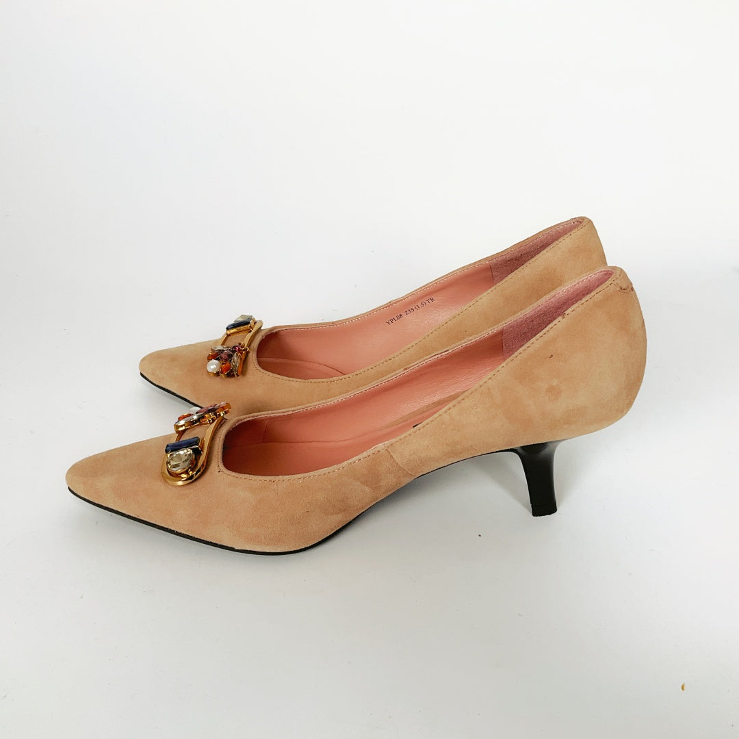 Joy & Peace - Suede Pointed Toe Pump with Encrusted Hardware
