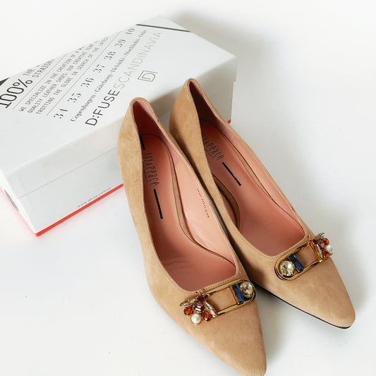 Joy & Peace - Suede Pointed Toe Pump with Encrusted Hardware