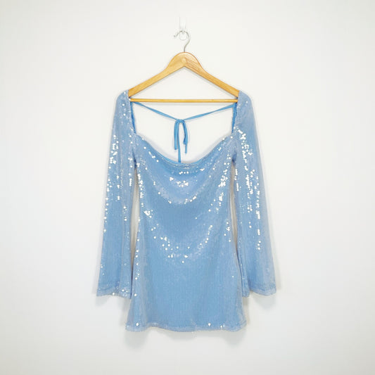 Beginning Boutique - Blue Long Sleeve Sequin Mini Dress