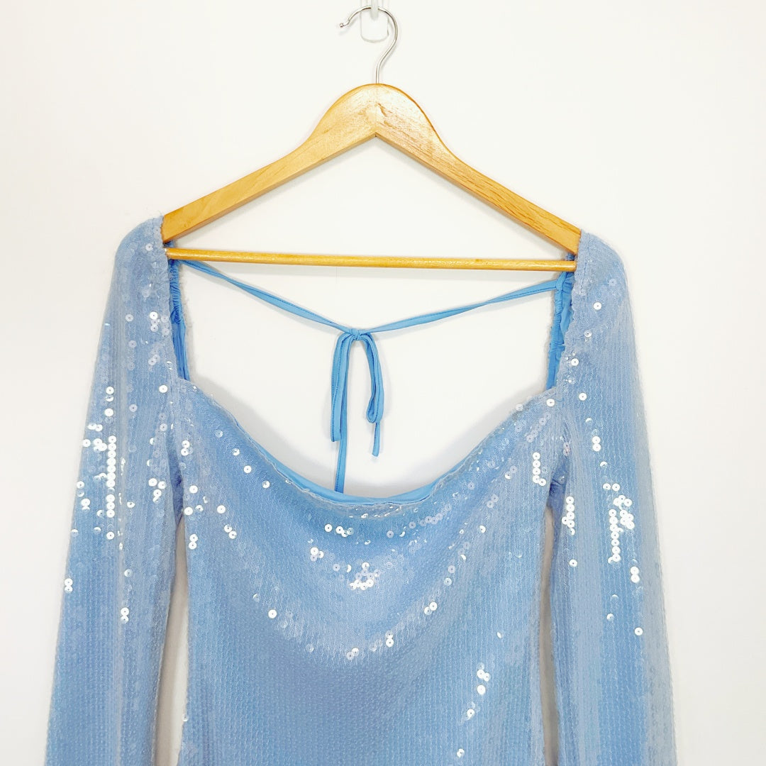 Beginning Boutique - Blue Long Sleeve Sequin Mini Dress