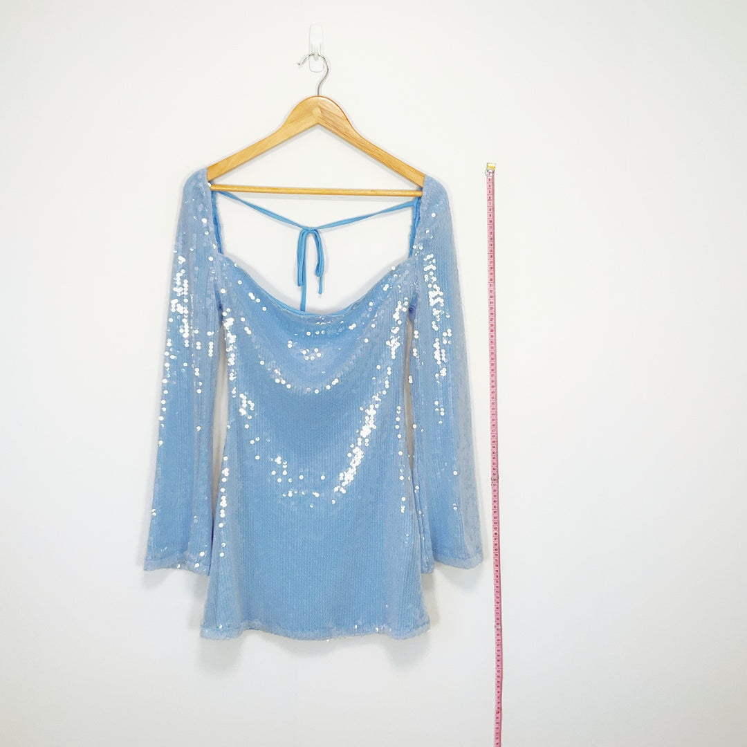 Beginning Boutique - Blue Long Sleeve Sequin Mini Dress