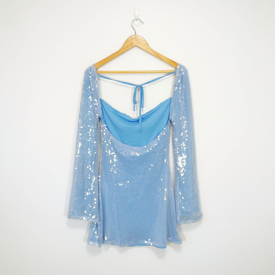 Beginning Boutique - Blue Long Sleeve Sequin Mini Dress