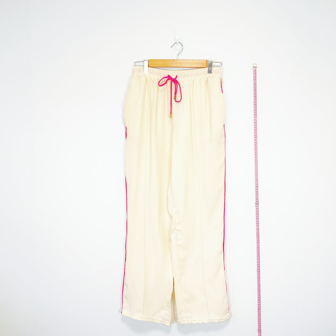 Rockmans - Cream Wide Leg Track Pants with Pink Side Stripe