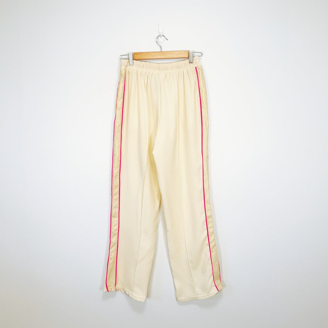 Rockmans - Cream Wide Leg Track Pants with Pink Side Stripe