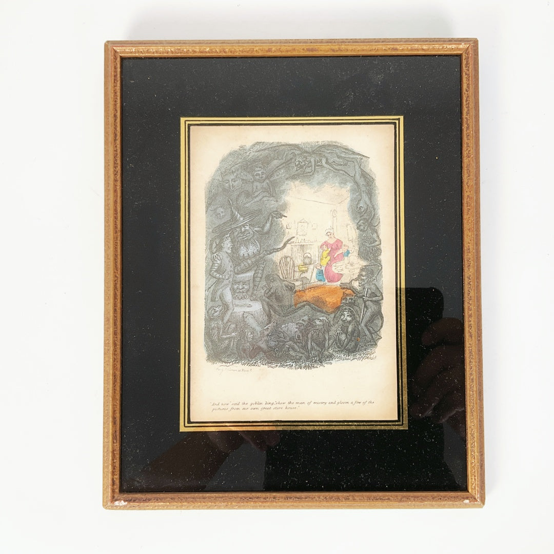 Antique Dickens The Cricket on the Hearth Engraving – Goblin King Scene – Framed (21 × 26 cm)