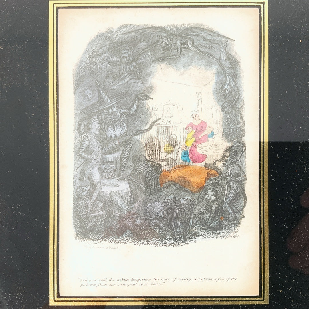 Antique Dickens The Cricket on the Hearth Engraving – Goblin King Scene – Framed (21 × 26 cm)