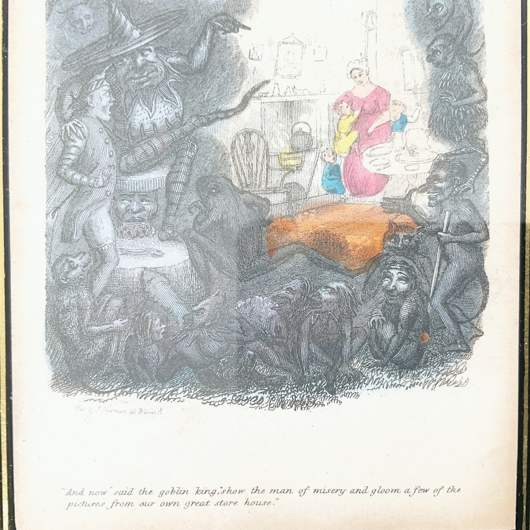 Antique Dickens The Cricket on the Hearth Engraving – Goblin King Scene – Framed (21 × 26 cm)