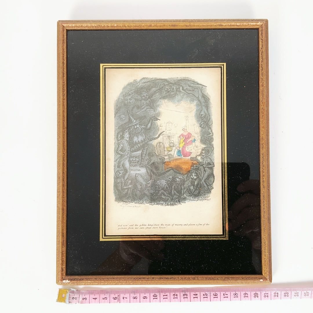 Antique Dickens The Cricket on the Hearth Engraving – Goblin King Scene – Framed (21 × 26 cm)