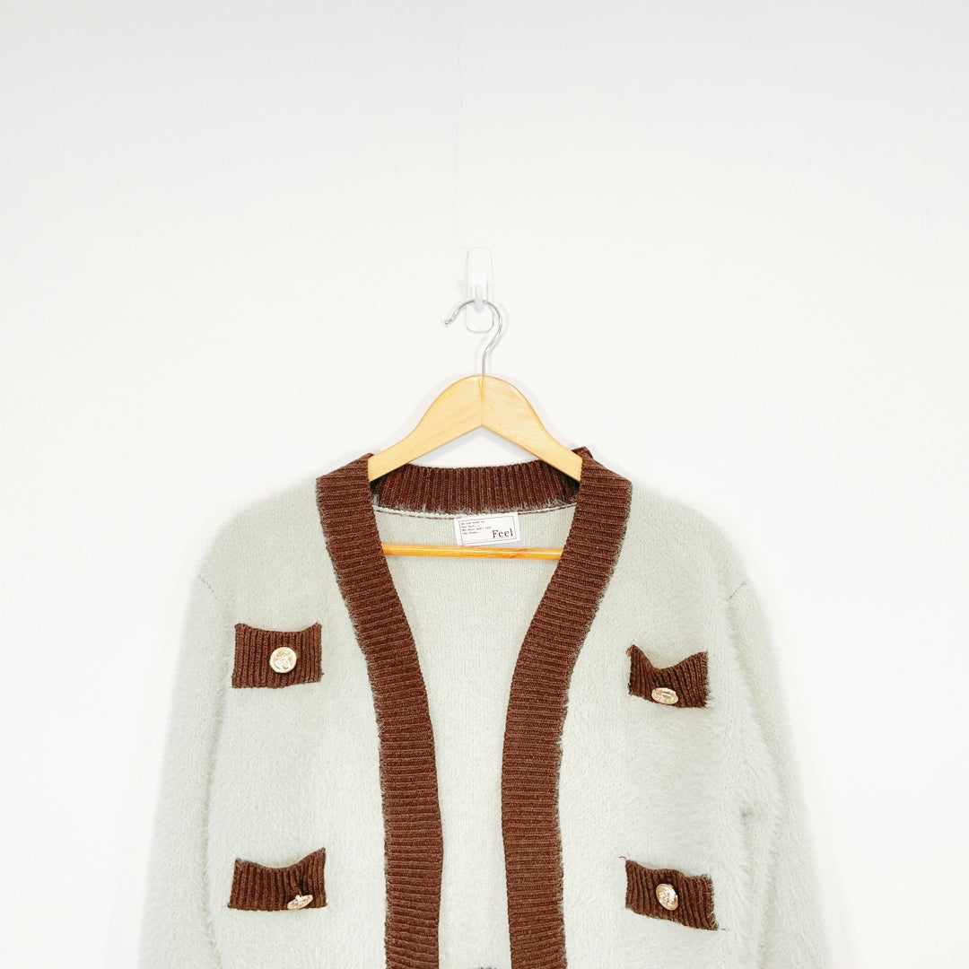 Feel - Knit Cardigan - Grey & Brown with Gold Buttons