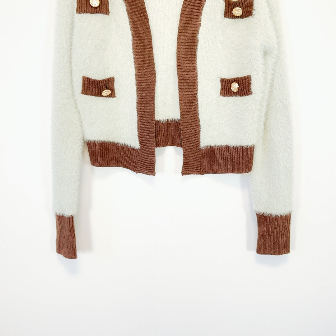 Feel - Knit Cardigan - Grey & Brown with Gold Buttons
