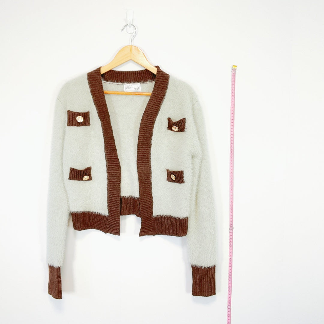 Feel - Knit Cardigan - Grey & Brown with Gold Buttons