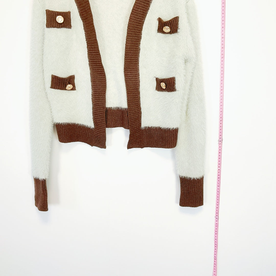 Feel - Knit Cardigan - Grey & Brown with Gold Buttons