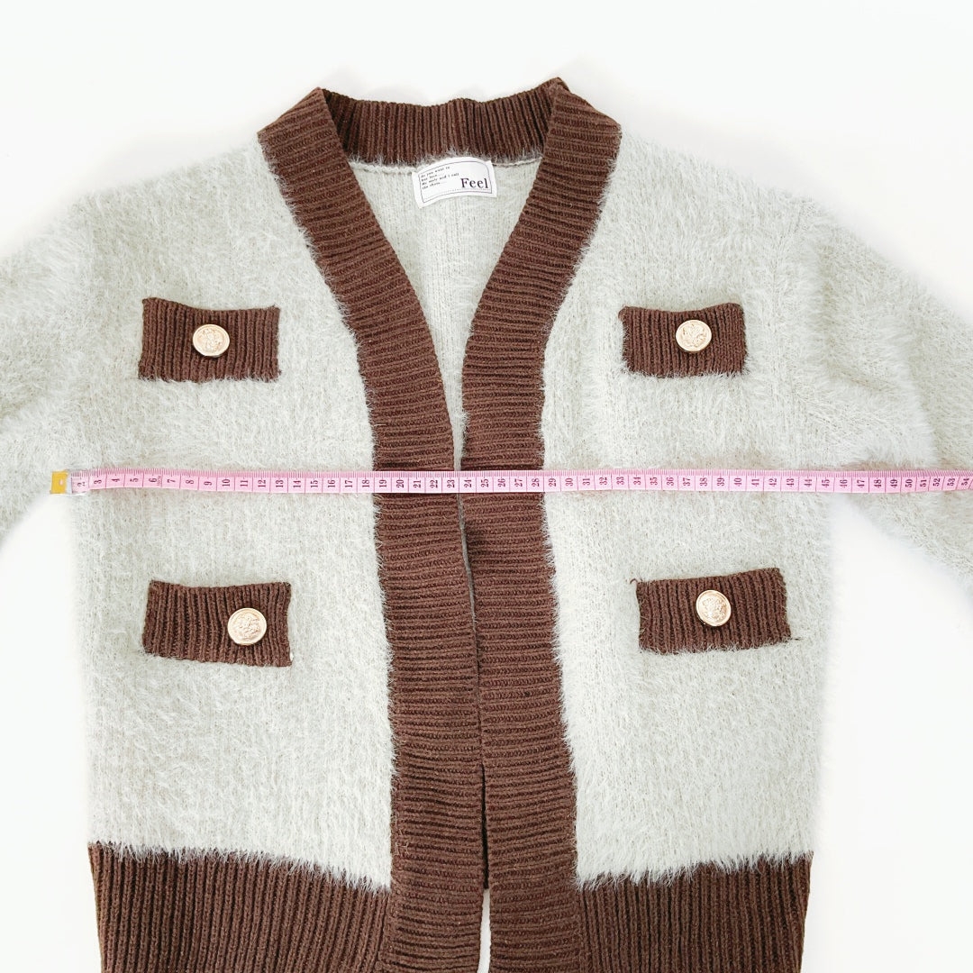 Feel - Knit Cardigan - Grey & Brown with Gold Buttons