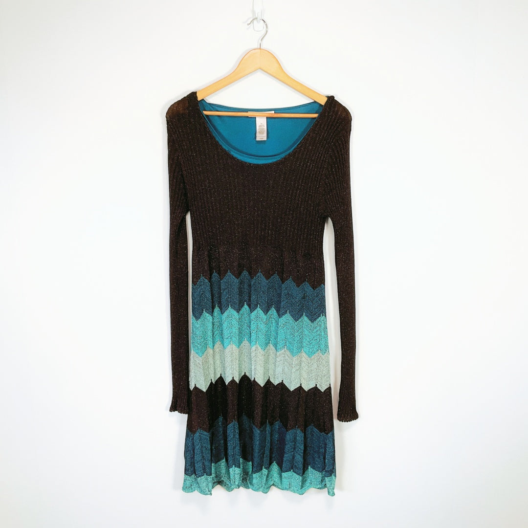 Laundry by Design - Blue & Black Metallic Zig-Zag Long Sleeve Dress