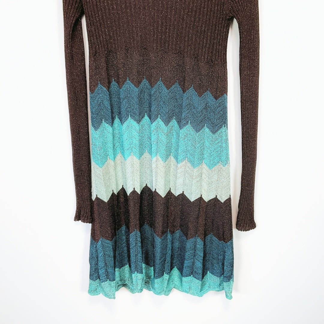 Laundry by Design - Blue & Black Metallic Zig-Zag Long Sleeve Dress