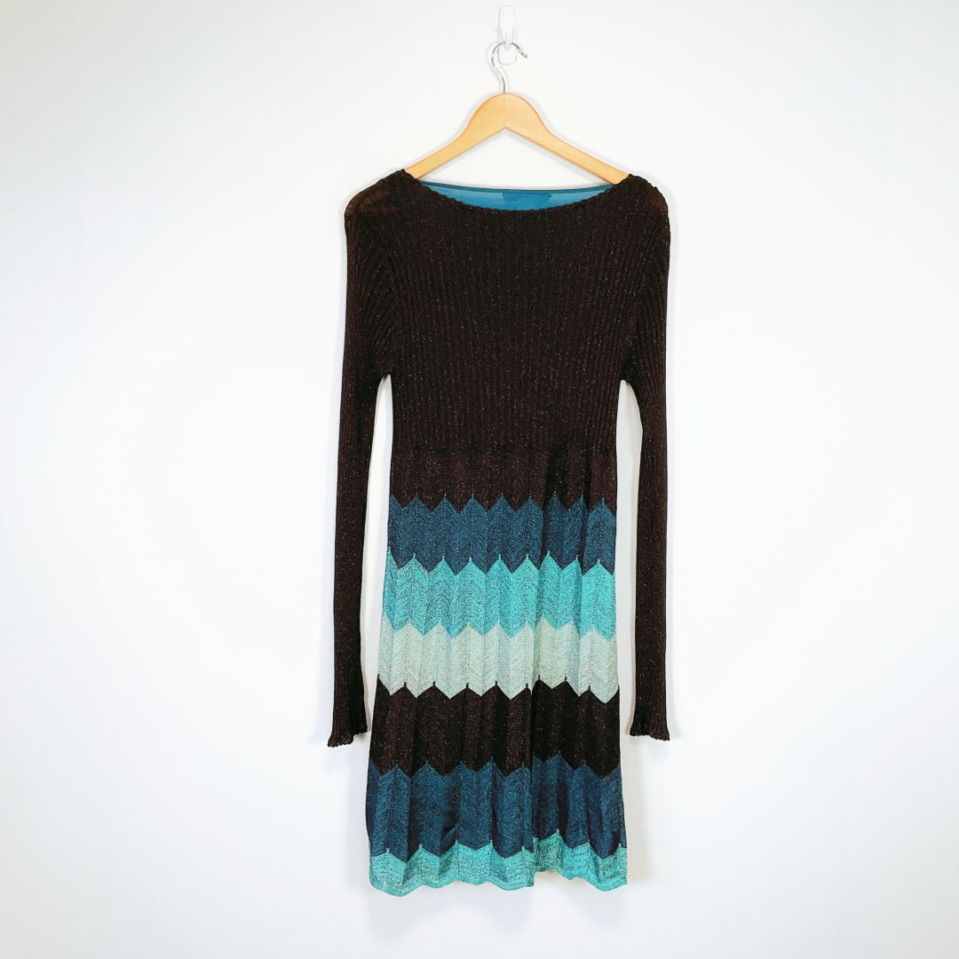 Laundry by Design - Blue & Black Metallic Zig-Zag Long Sleeve Dress
