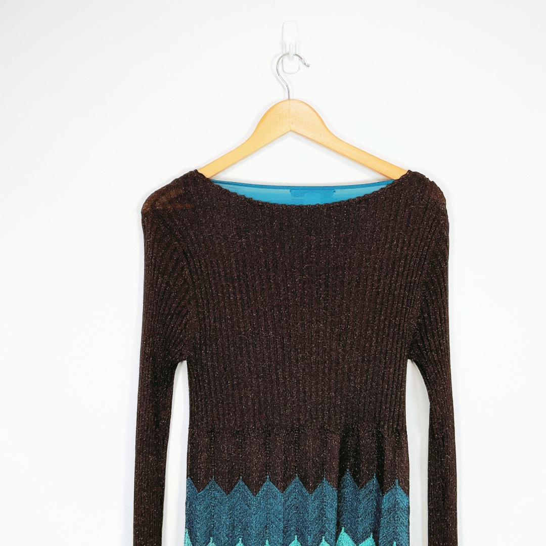 Laundry by Design - Blue & Black Metallic Zig-Zag Long Sleeve Dress