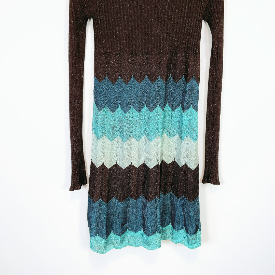 Laundry by Design - Blue & Black Metallic Zig-Zag Long Sleeve Dress