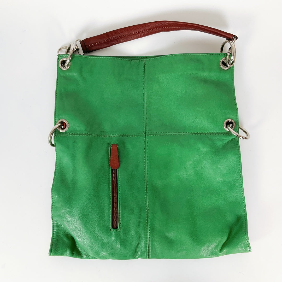 Lavorazione Artigianale - Italian Leather Green Tote Shoulder Bag – Brown Strap & Accents