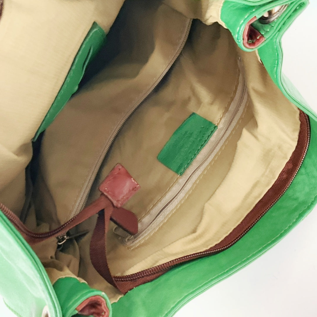 Lavorazione Artigianale - Italian Leather Green Tote Shoulder Bag – Brown Strap & Accents