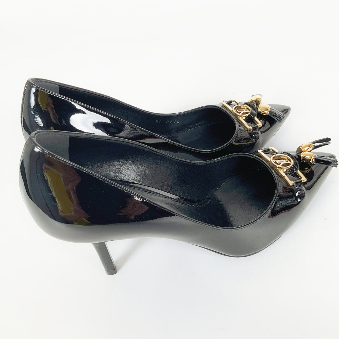 Louis Vuitton Black Patent Leather Heels with LV Logo & Tassel – Size 36.5