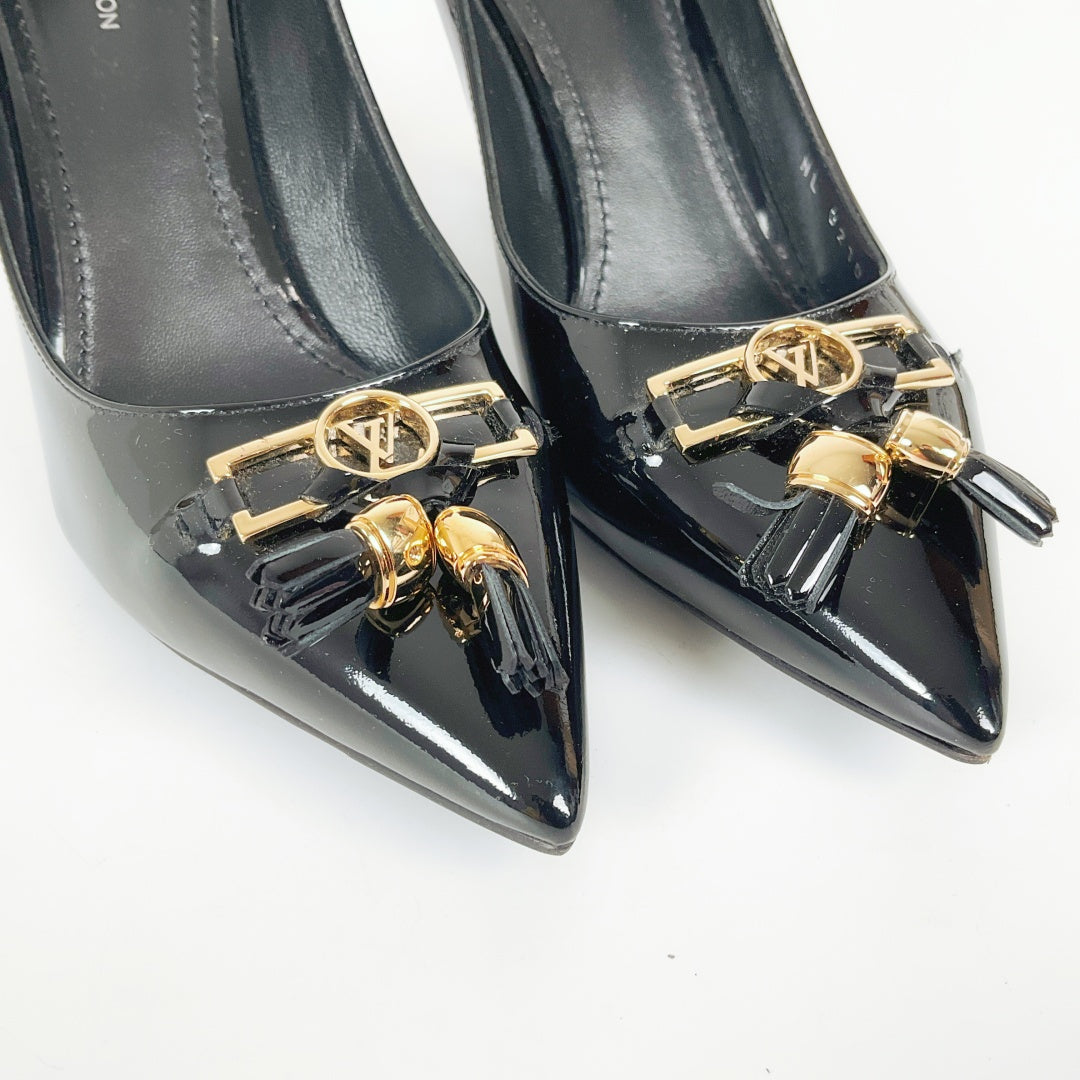 Louis Vuitton Black Patent Leather Heels with LV Logo & Tassel – Size 36.5