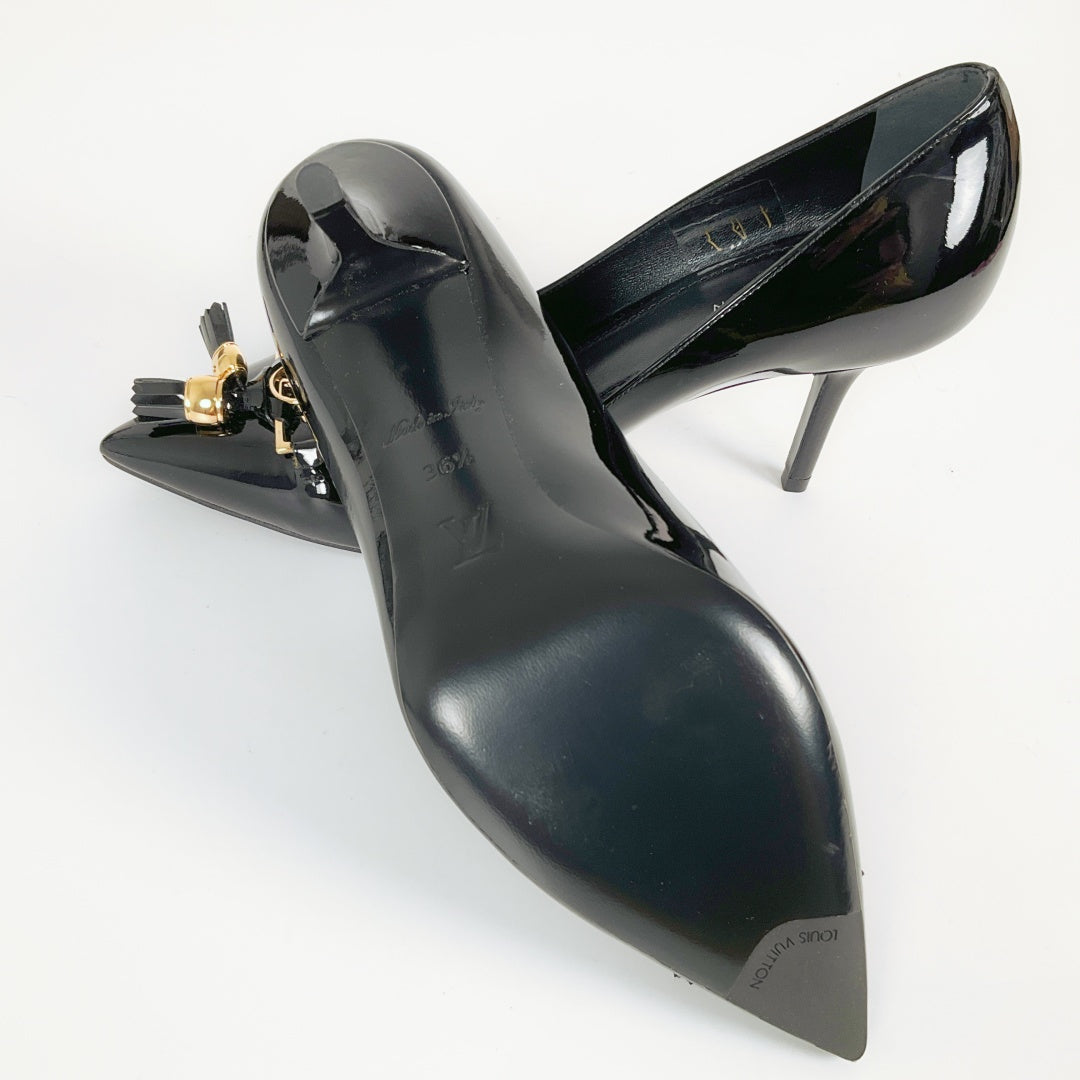 Louis Vuitton Black Patent Leather Heels with LV Logo & Tassel – Size 36.5